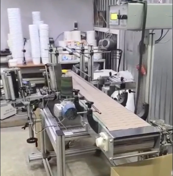 Conveyor carrying packaging blanks on the shop floor, with stacks of finished cups and film reels beside it