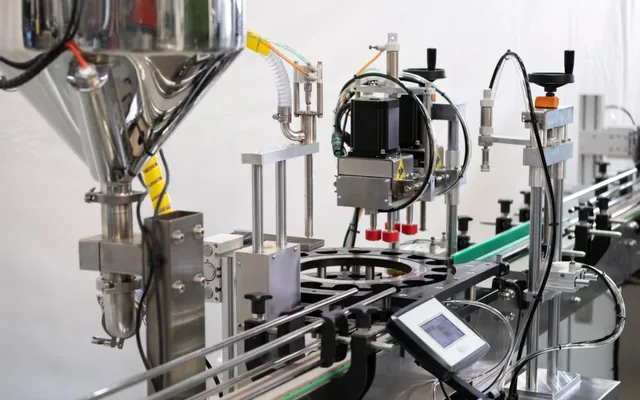 A filling line: filler, capper and a guided conveyor ready for the marking station