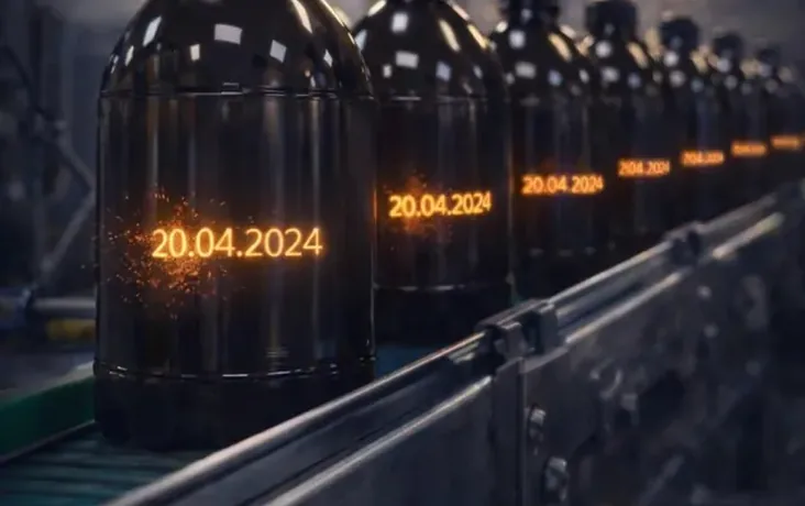 A frame from the line: a laser burning the date 20.04.2024 onto plastic bottles, sparks in shot