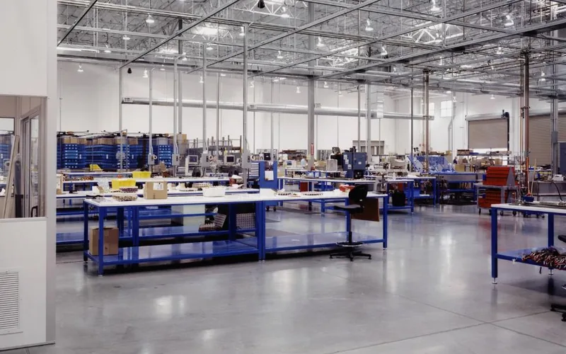 A shop floor with rows of workbenches: ribbon printing means keeping a stock of consumables and the space to store it